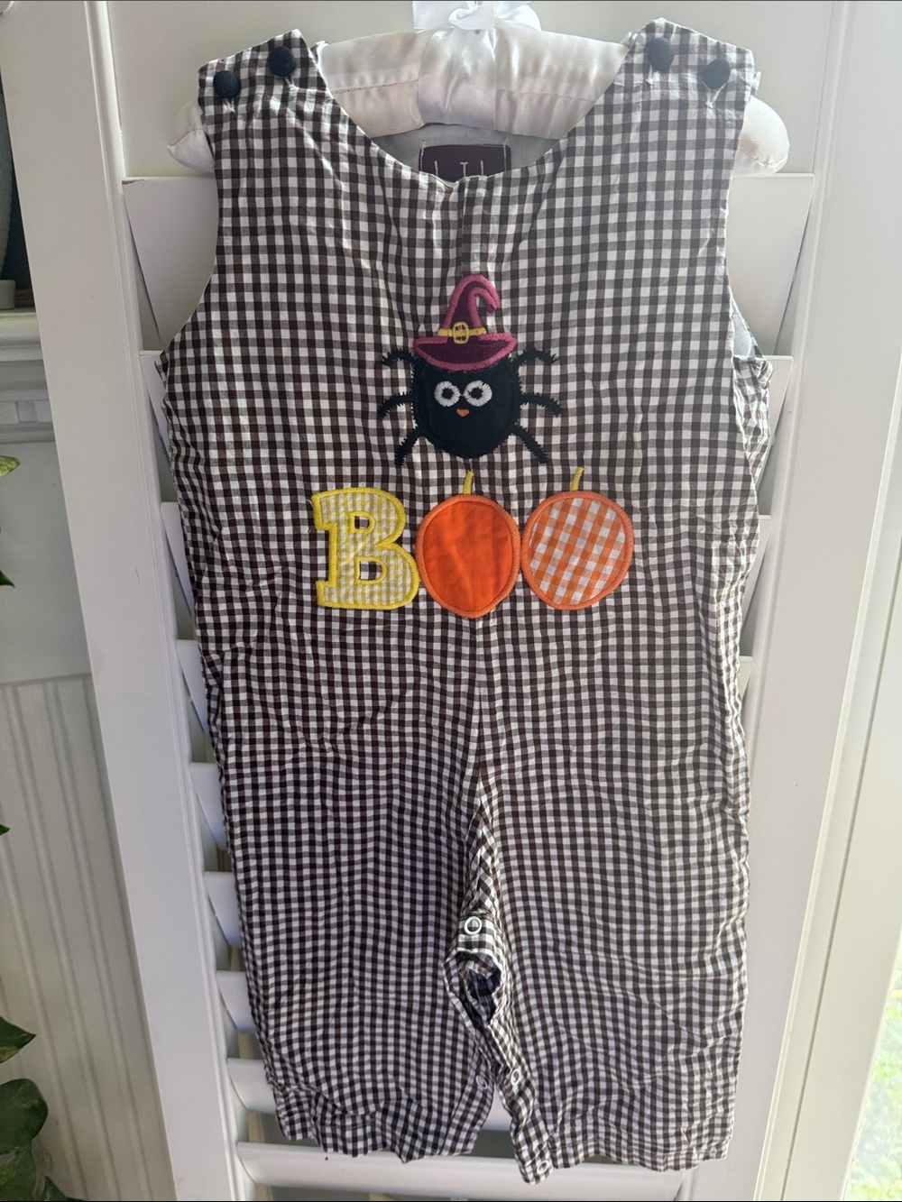 Kids Brown Gingham 'Boo' Appliqué One-Piece Romper